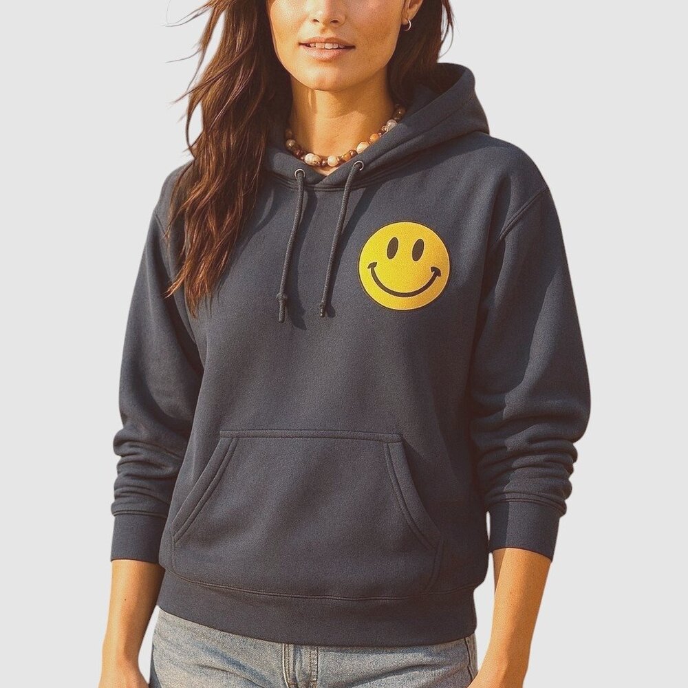 Aviator Nation Charcoal Hoodie with Yellow Smiley Chest Graphic